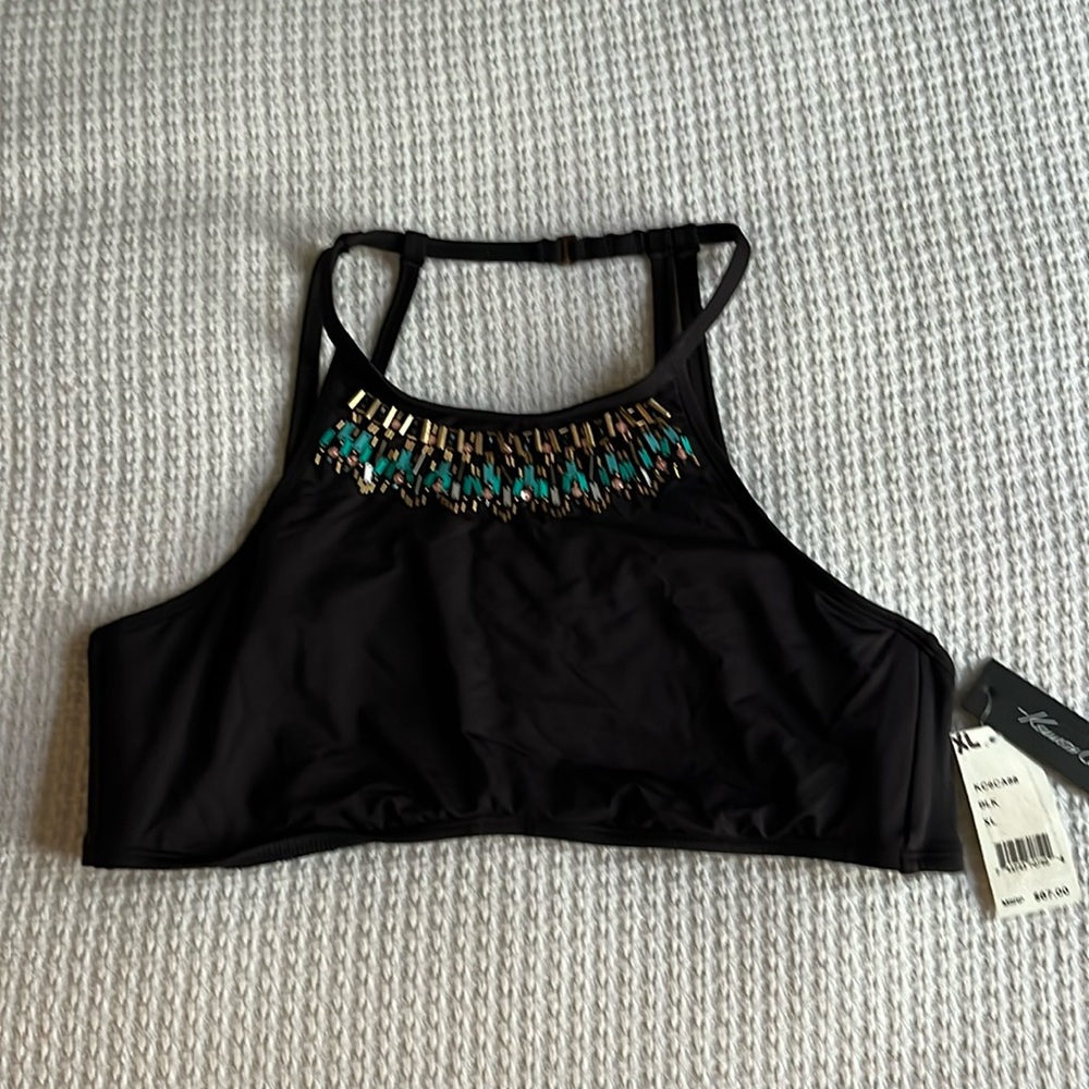 Kenneth Cole beaded black boho halter bikini swimsuit swim top XL hippie surfer